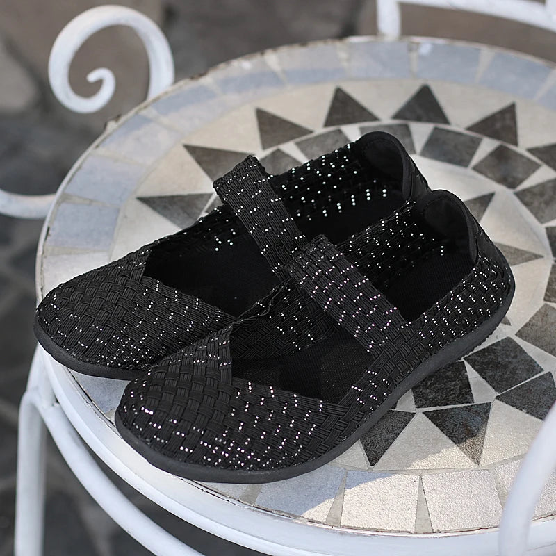 Womens Woven Sneakers Slip On Flat Woman Gym Shoes Non-slip Soft Female Summer Footwear Leisure Loafers Black Sneaker Plus Size