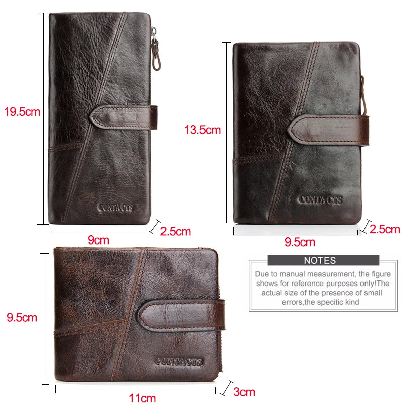 CONTACT'S Genuine Crazy Horse Cowhide Leather Men Wallets  Fashion Purse With Card Holder Vintage Long Wallet Clutch Wrist Bag