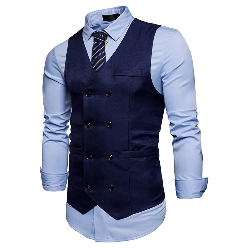 New Brand Dress Vests For Men Casual Slim Fit Mens Suit Vest Double breasted Waistcoat Gilet Homme Formal Business Jacket XXL