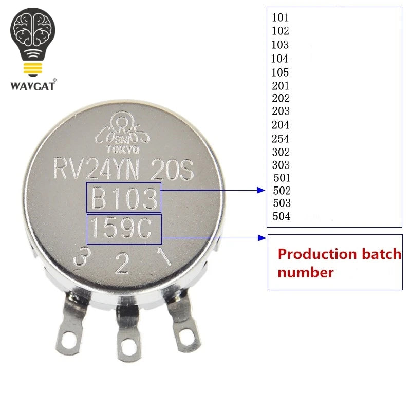 WAVGAT RV24YN20S 101 102 B103 104 105 201 202 203 204 254 302 303 501 502 503 504 5K 10K 100K 500K 200K 100 ohm Potentiometer