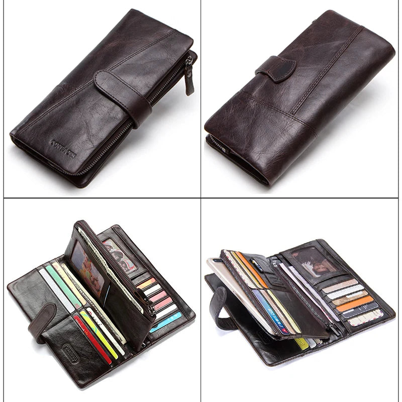 CONTACT'S Genuine Crazy Horse Cowhide Leather Men Wallets  Fashion Purse With Card Holder Vintage Long Wallet Clutch Wrist Bag