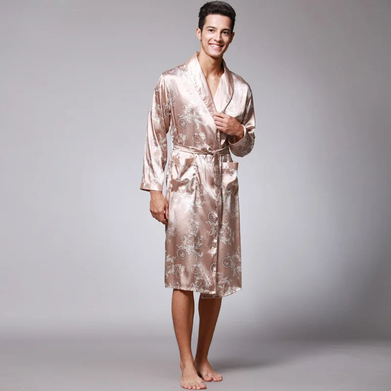 SSH0127 Spring Autumn Men's Bathrobes Printed Male Pajamas Full Sleeves Nightwear Sleepwear Satin Silk Robe Pyjama Belt Men Robe
