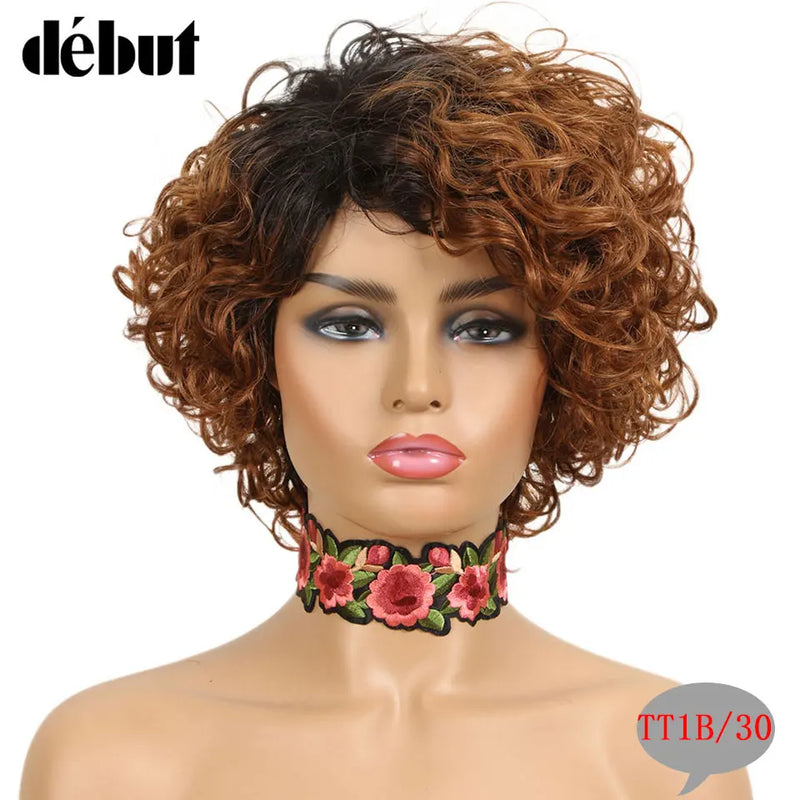 Debut Ombre Short Curly Human Hair Wigs Remy Short Bob Wigs 100% Human Hair Cheap Pixie Cut Human Hair Full Wigs For Black Women