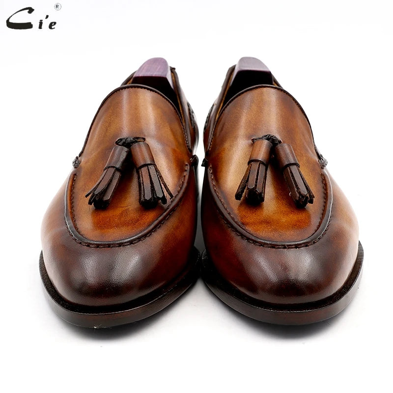 cie Round Toe Pure Genuine Leather Bespoke Blake Stitch Handmade Patina Brown Tassels Slip-on Men's Shoe Casual Boat loafer 159