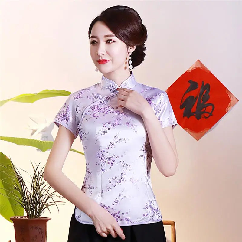 Vintage Flower Women Chinese Traditional Satin Blouse Summer Sexy Shirt Novelty Dragon Clothing Tops Plus Size 3XL 4XL WS009