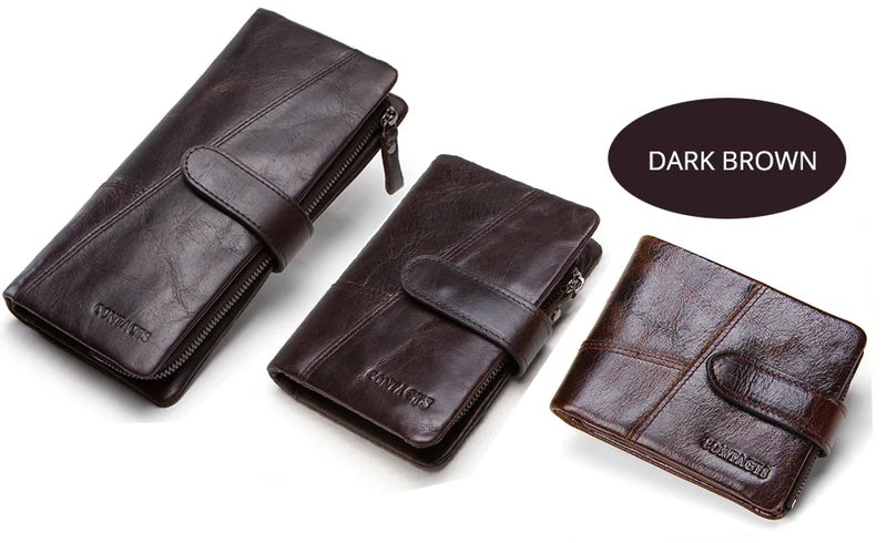 CONTACT'S Genuine Crazy Horse Cowhide Leather Men Wallets  Fashion Purse With Card Holder Vintage Long Wallet Clutch Wrist Bag