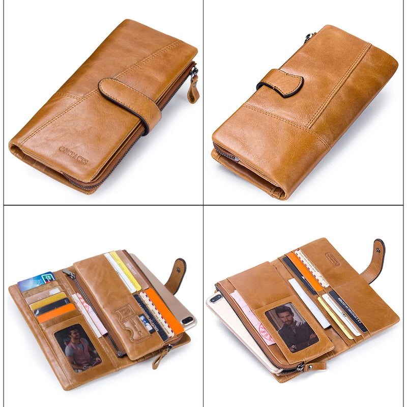 CONTACT'S Genuine Crazy Horse Cowhide Leather Men Wallets  Fashion Purse With Card Holder Vintage Long Wallet Clutch Wrist Bag