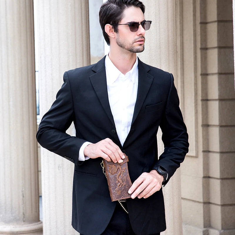 Men's Vintage Crazy Horse Leather Chain Wallet Genuine Leather Bifold Long Wallet Snap Card Holder Purse Zipper Coin Rfid Pocket