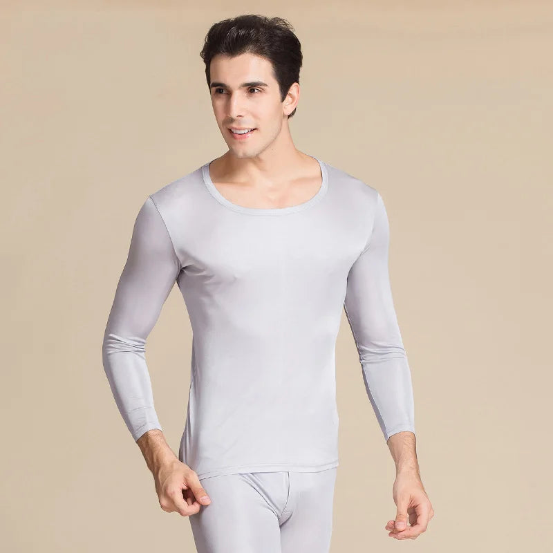 SuyaDream Men Long Johns Natural Silk Round neck Thermal Underwear For Men Fall Winter Underwear Set