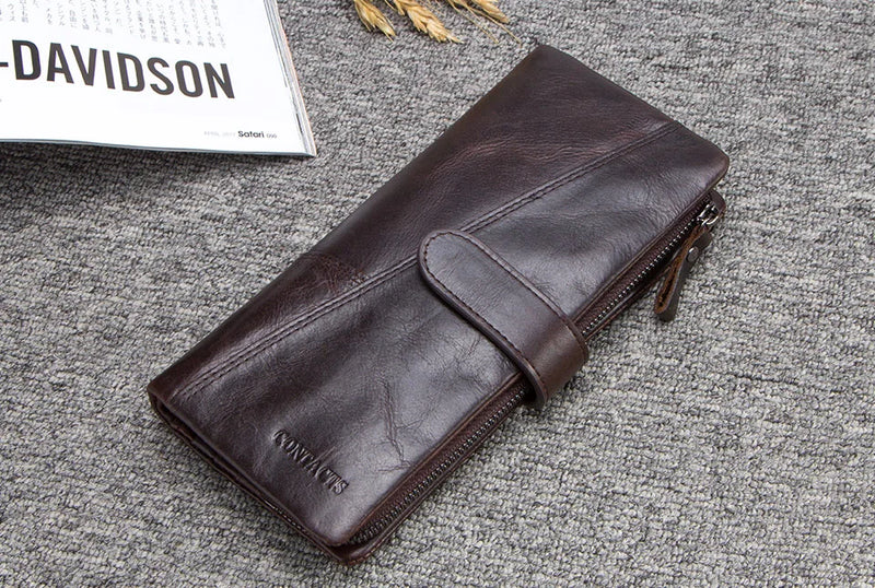 CONTACT'S Genuine Crazy Horse Cowhide Leather Men Wallets  Fashion Purse With Card Holder Vintage Long Wallet Clutch Wrist Bag