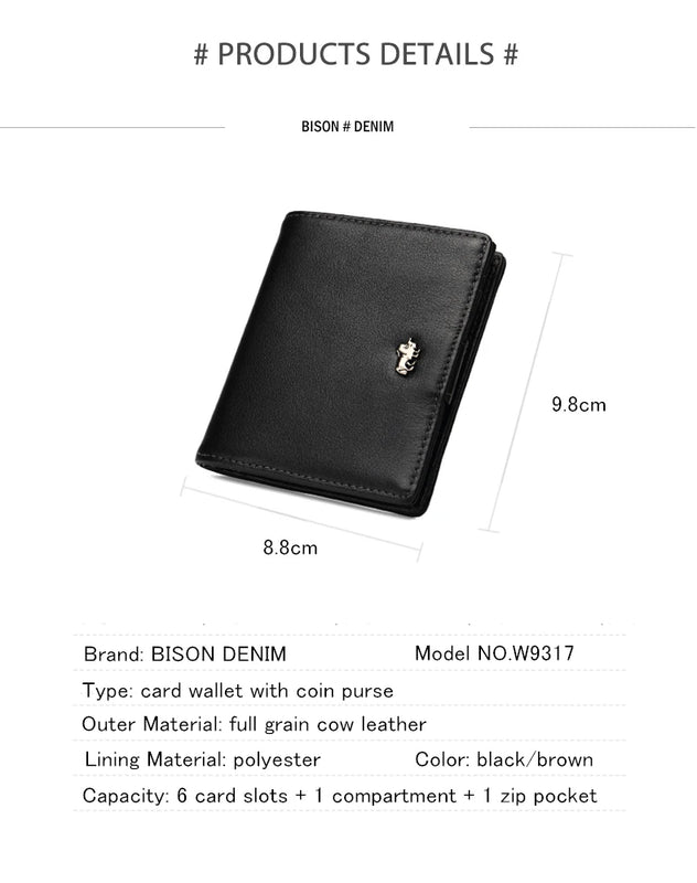 BISON DENIM Fashion Purse Men's Genuine Leather Wallet RFID Blocking Mini Wallet Male Card Holder Small Zipper Coin Purse W9317