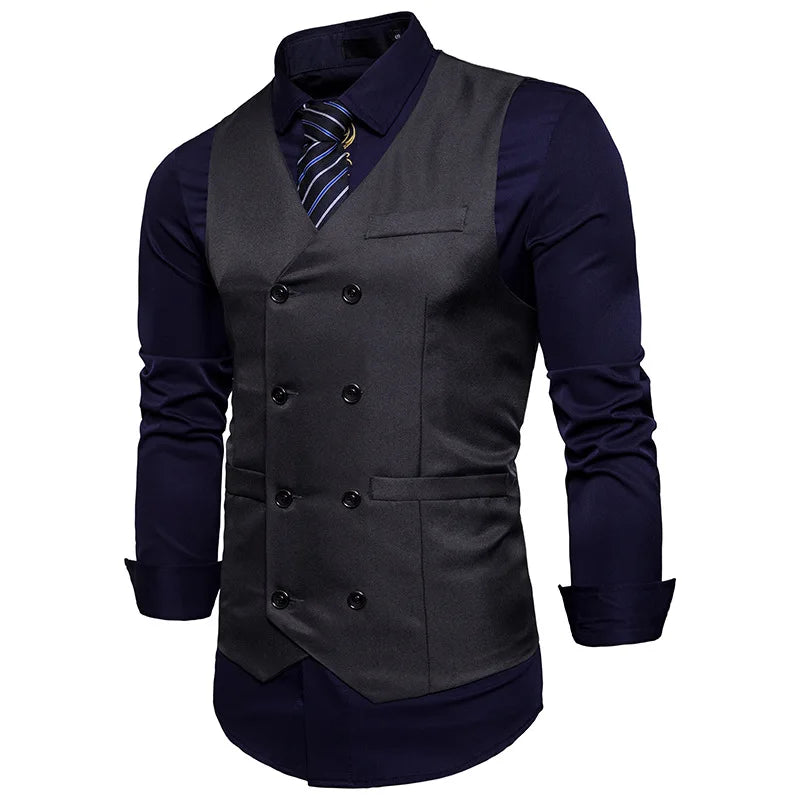 New Brand Dress Vests For Men Casual Slim Fit Mens Suit Vest Double breasted Waistcoat Gilet Homme Formal Business Jacket XXL