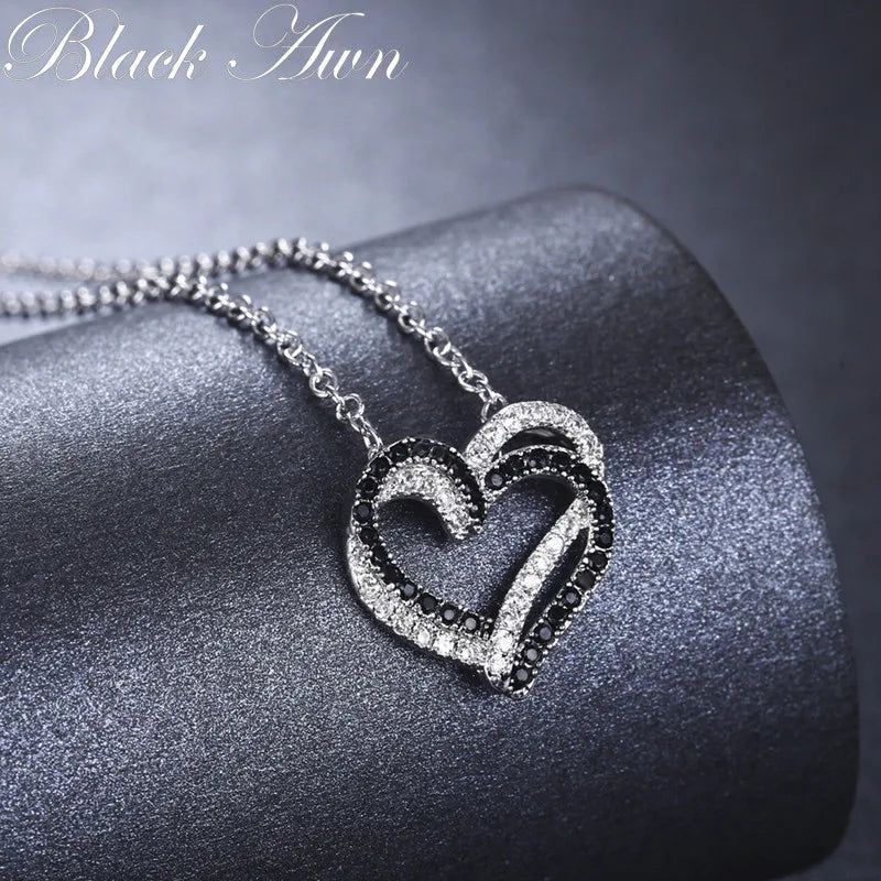 Black Awn Silver Color Necklace Women Jewelry Heart Black&White Stone Pendants P107