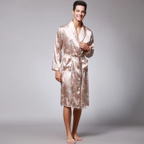SSH0127 Spring Autumn Men's Bathrobes Printed Male Pajamas Full Sleeves Nightwear Sleepwear Satin Silk Robe Pyjama Belt Men Robe