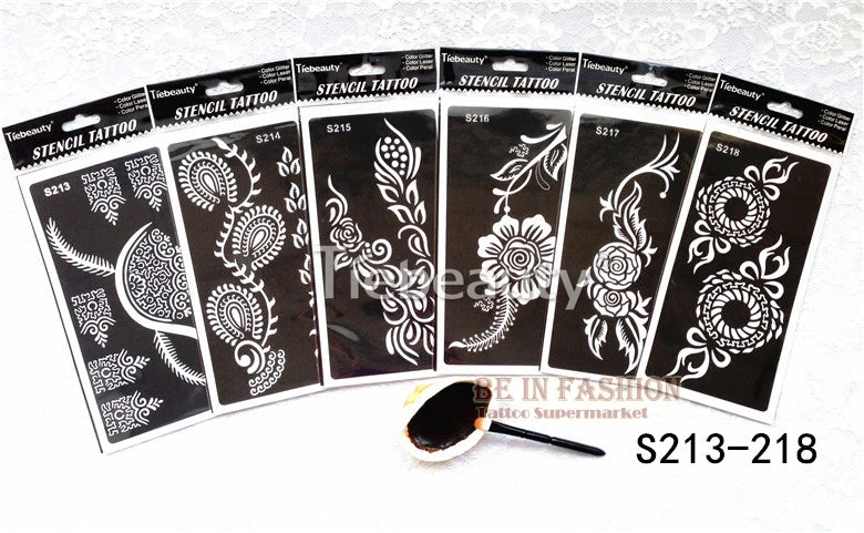 6pcs/lot  Mehndi Indian Henna Tattoo Stencil reuseable Henna Tatoo Template Professional Tattoos Stencil For hand Painting bride