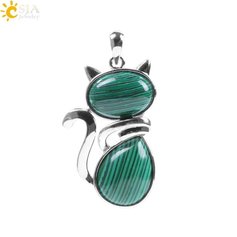 Natural Stone Pendant Cute Cat Pendants Suspension for Girl Amethyst Tiger Eye Green Aventurine Pink Crystal Cat Jewelry F072