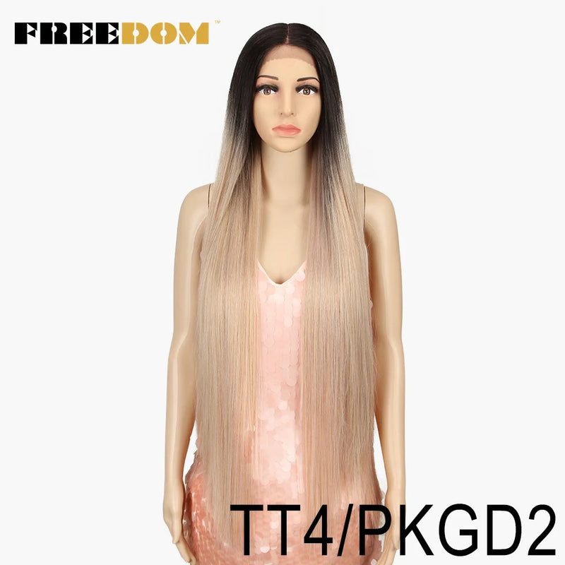 FREEDOM Synthetic Lace Front Wigs For Women Super Long 38Inch Ombre Blonde Highlight Ginger Straight Lace Wigs Cosplay Wigs