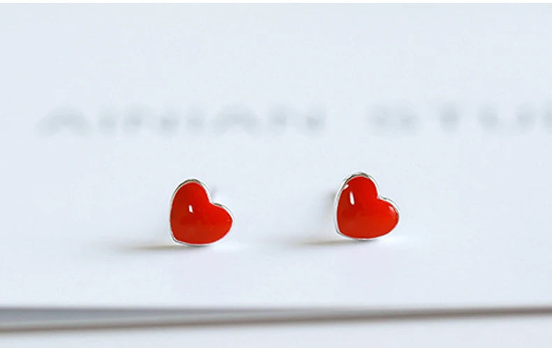 925 silver Needle Earrings+necklace for Women Jewelry Sets Cute Tiny Red Glaze Heart Stud Earrings For Girls Kids Lady Gift
