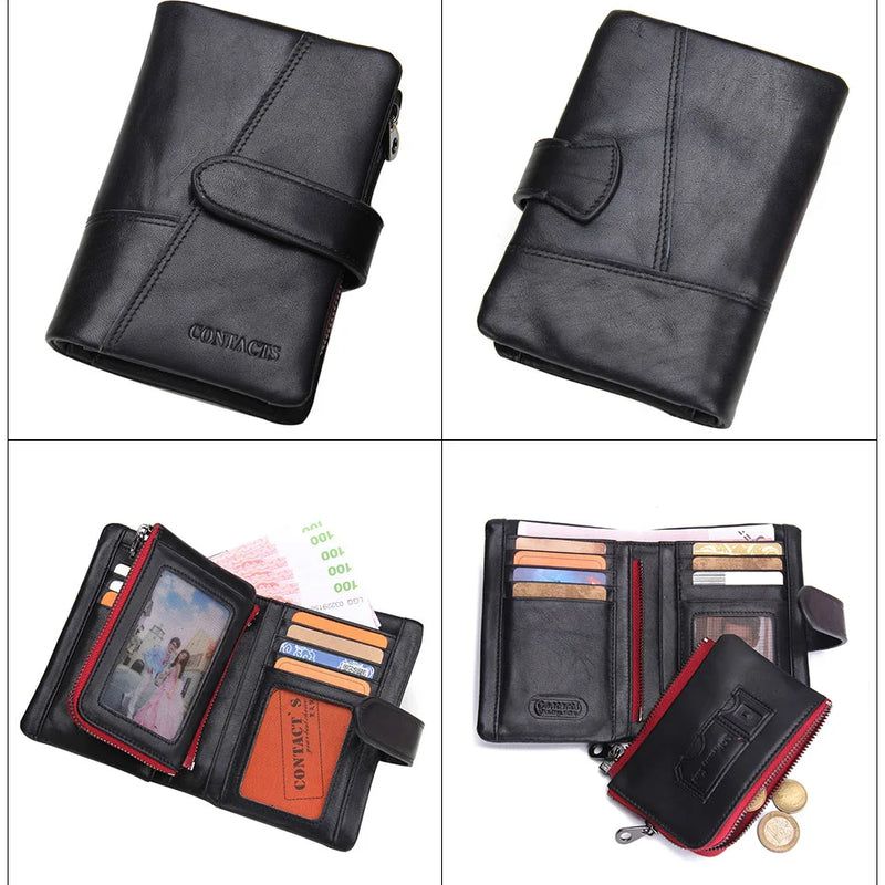 CONTACT'S Genuine Crazy Horse Cowhide Leather Men Wallets  Fashion Purse With Card Holder Vintage Long Wallet Clutch Wrist Bag