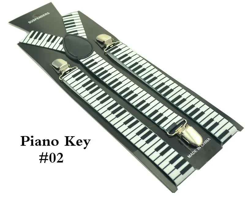Women Unisex Clip-on Braces 1 Inch Wide Fashion "4 Piano Key Board" Mix Elastic Slim Y-back Suspenders for Trousers Pants Holder