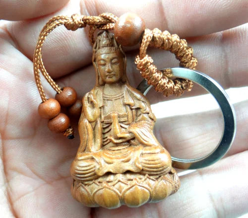 Natural wood mahogany three-dimensional engraving Guanyin barrel keychain Buddha key ring jewelry gift for men and women 1pc