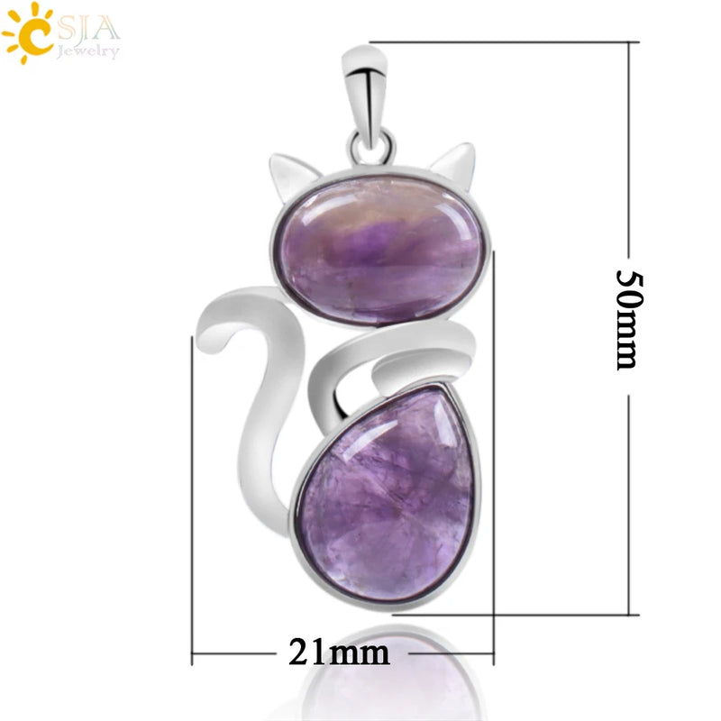 Natural Stone Pendant Cute Cat Pendants Suspension for Girl Amethyst Tiger Eye Green Aventurine Pink Crystal Cat Jewelry F072