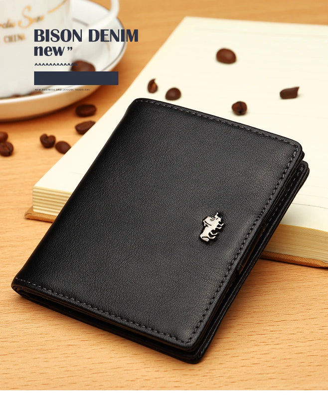 BISON DENIM Fashion Purse Men's Genuine Leather Wallet RFID Blocking Mini Wallet Male Card Holder Small Zipper Coin Purse W9317