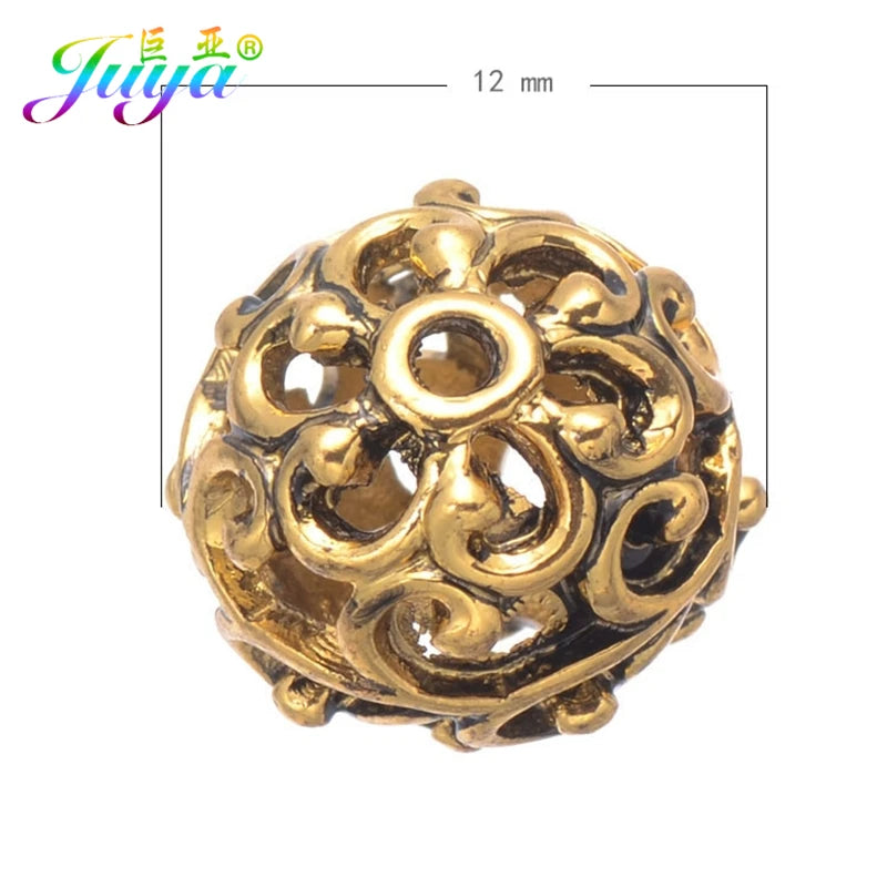 Juya 10 20Pcs/Lot 12mm Engrave Perles Hollow Antique Gold Silver Plated Metal Beads For DIY Women Men Beadwork Jewelry Making