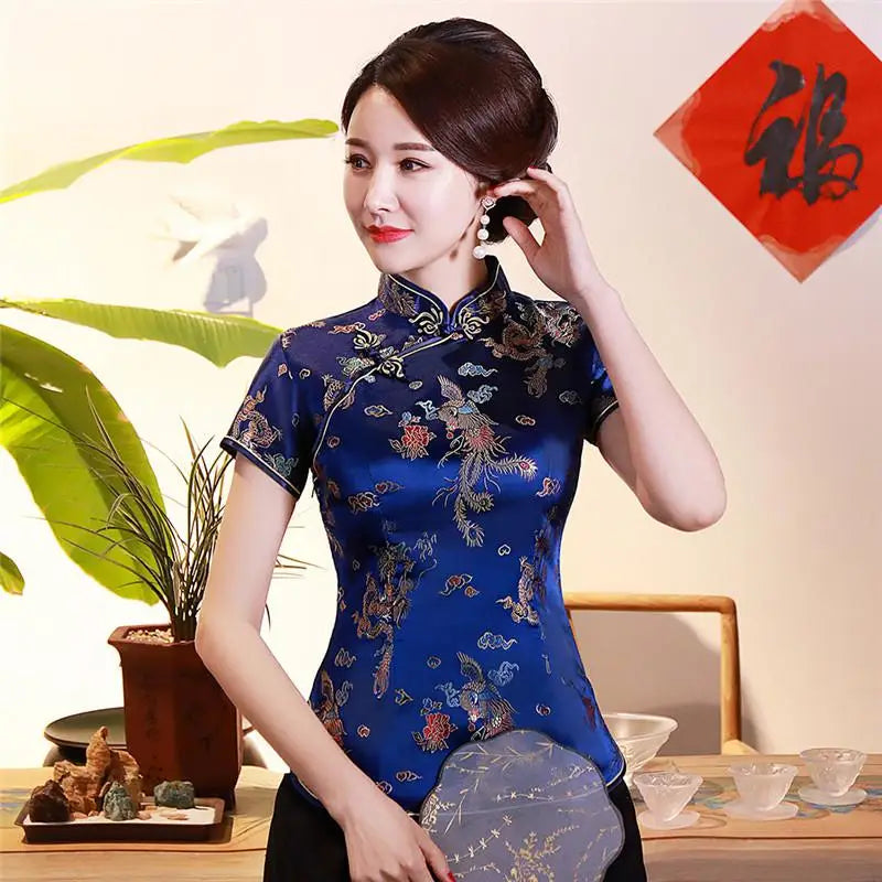 Vintage Flower Women Chinese Traditional Satin Blouse Summer Sexy Shirt Novelty Dragon Clothing Tops Plus Size 3XL 4XL WS009