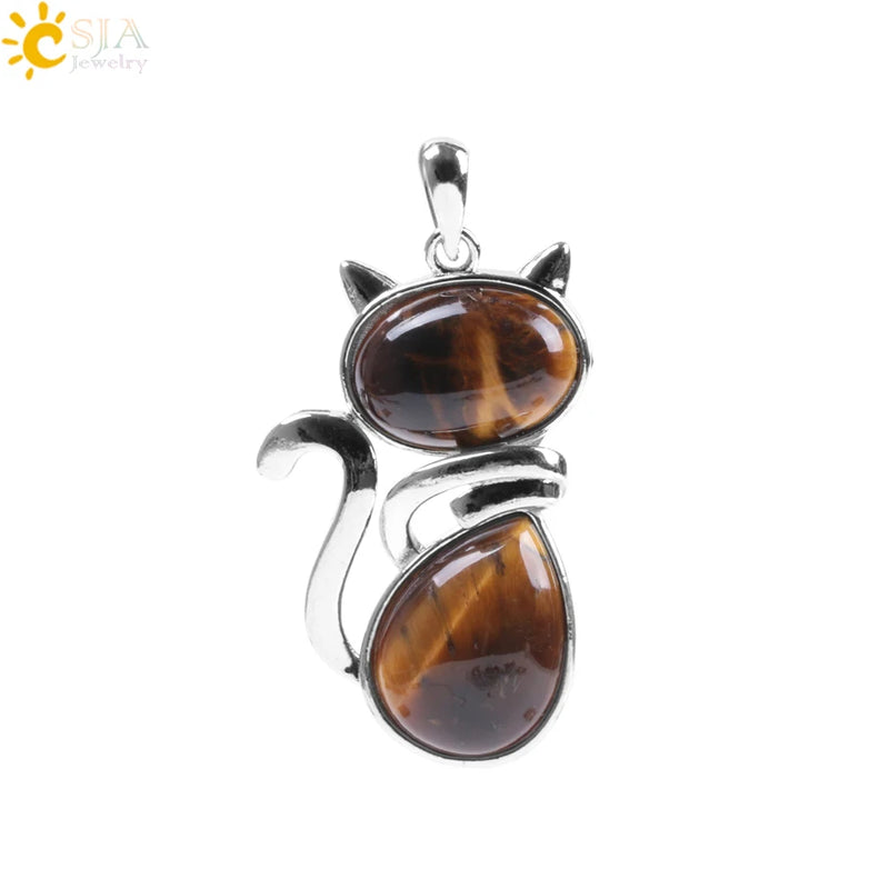 Natural Stone Pendant Cute Cat Pendants Suspension for Girl Amethyst Tiger Eye Green Aventurine Pink Crystal Cat Jewelry F072