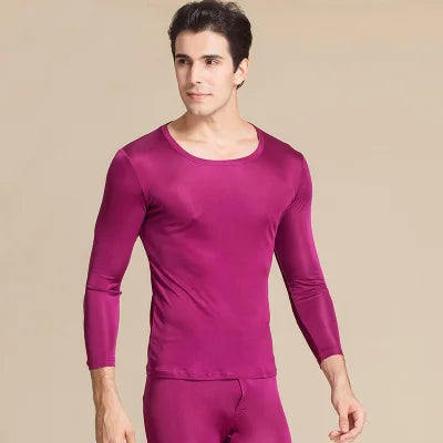 SuyaDream Men Long Johns Natural Silk Round neck Thermal Underwear For Men Fall Winter Underwear Set