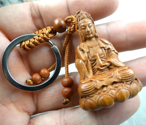 Natural wood mahogany three-dimensional engraving Guanyin barrel keychain Buddha key ring jewelry gift for men and women 1pc