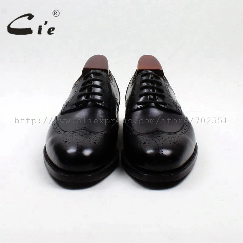 cie Round Toe Full Brogues Cut-Outs Solid Black Handmade Derby Men's Leather Shoe 100% Genuine Calf Leather Goodyear Welted D175