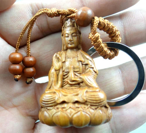 Natural wood mahogany three-dimensional engraving Guanyin barrel keychain Buddha key ring jewelry gift for men and women 1pc