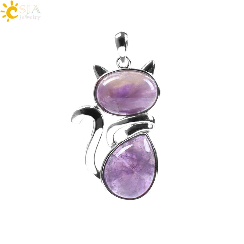 Natural Stone Pendant Cute Cat Pendants Suspension for Girl Amethyst Tiger Eye Green Aventurine Pink Crystal Cat Jewelry F072