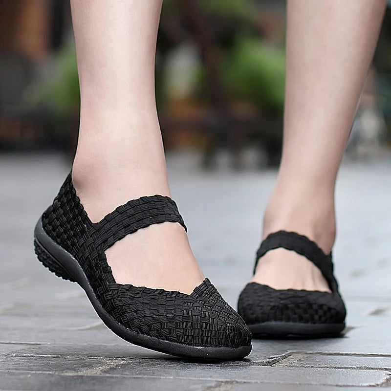 Womens Woven Sneakers Slip On Flat Woman Gym Shoes Non-slip Soft Female Summer Footwear Leisure Loafers Black Sneaker Plus Size