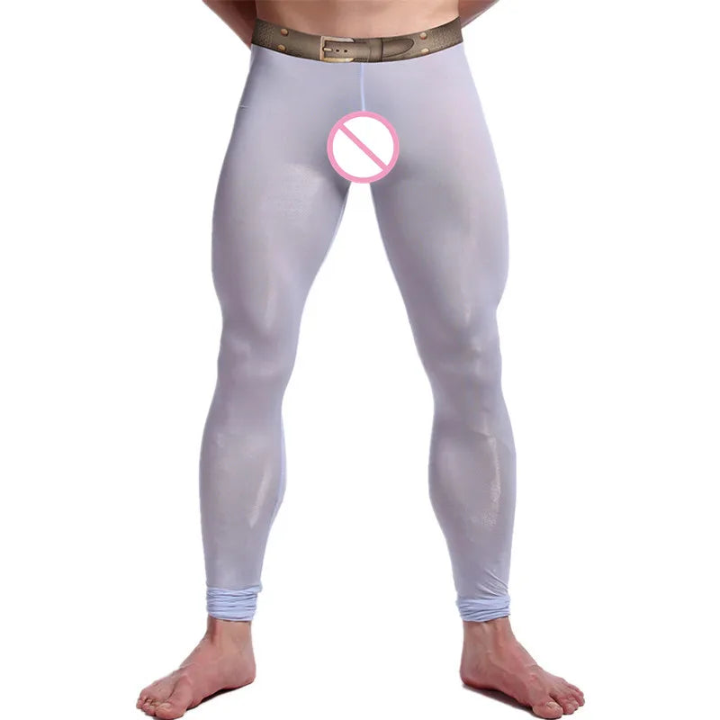 Sexy Men See-through Pants silky Tights Milk Fiber Leggings Trousers Long Johns Underwear U Convex Pocket Mens Wrestling Singlet