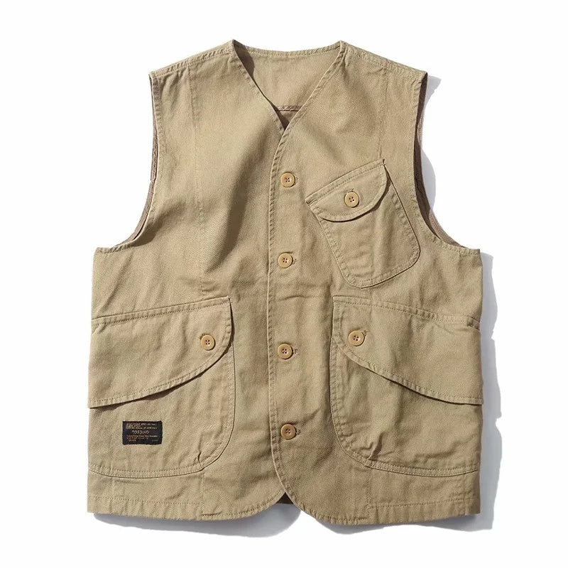 Men Vests Men's Summer Sleeveless Multi-pocket Vest Vintage Casual Wear Cotton Short Vest Safari Style Vest Coat Waistcoat Male