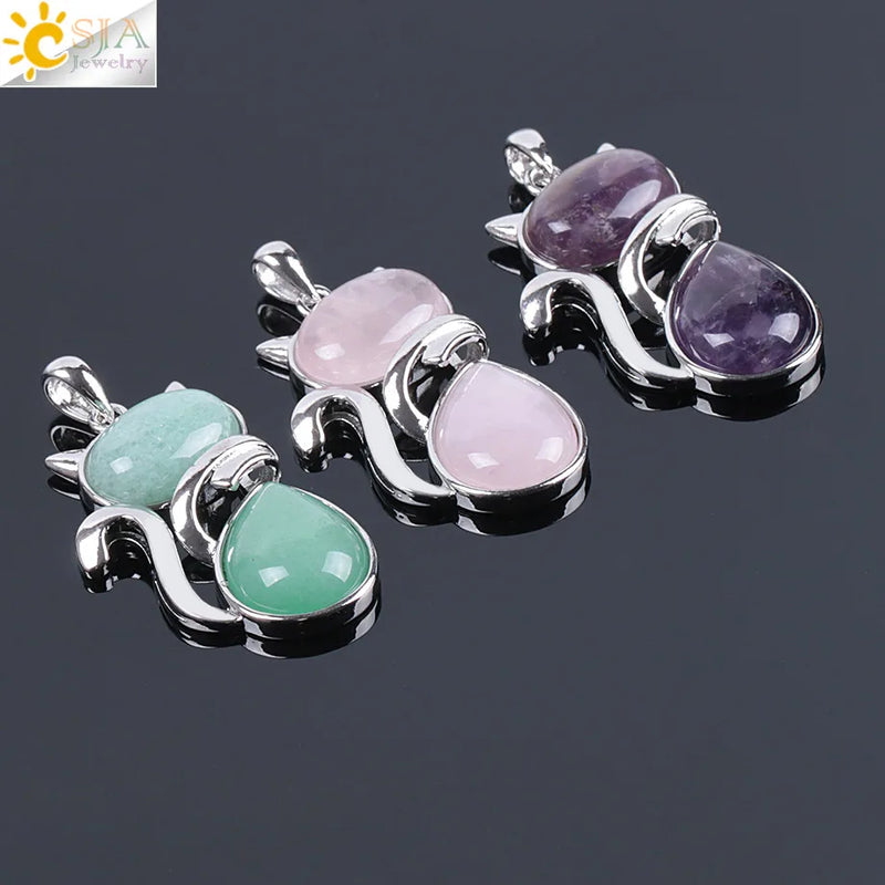 Natural Stone Pendant Cute Cat Pendants Suspension for Girl Amethyst Tiger Eye Green Aventurine Pink Crystal Cat Jewelry F072