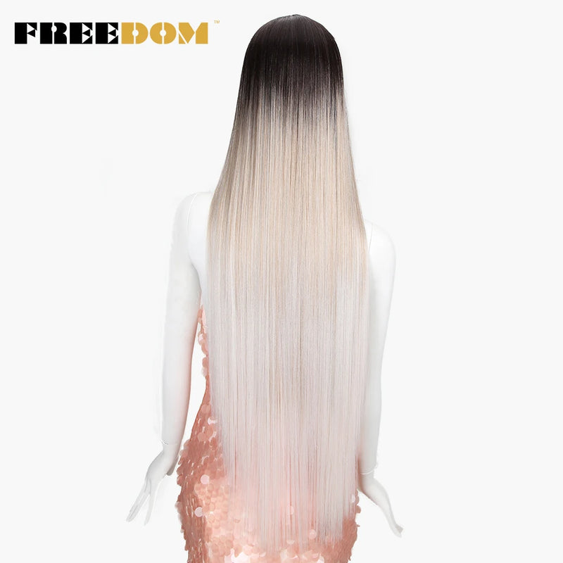 FREEDOM Synthetic Lace Front Wigs For Women Super Long 38Inch Ombre Blonde Highlight Ginger Straight Lace Wigs Cosplay Wigs