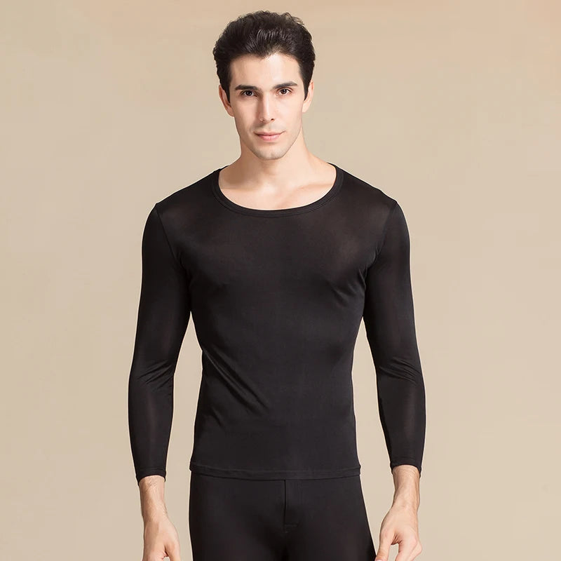 SuyaDream Men Long Johns Natural Silk Round neck Thermal Underwear For Men Fall Winter Underwear Set