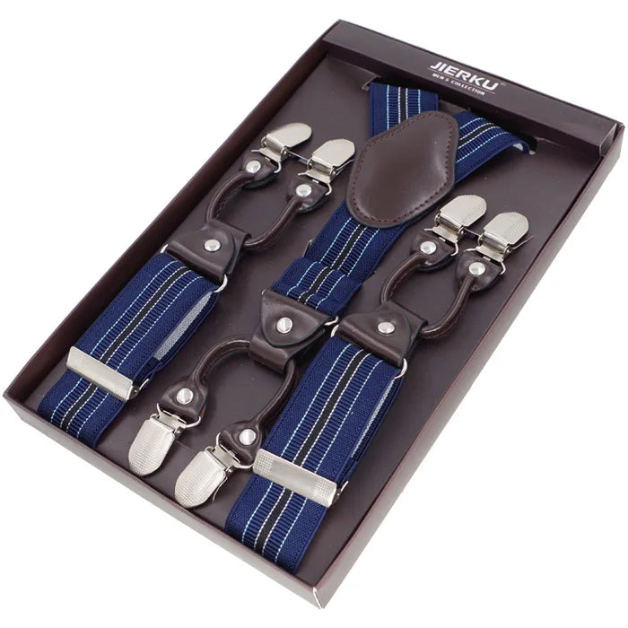 Men's Casual Fashion Leather Suspenders Adjustable High Quality Belt Strap Braces with 6 Clips