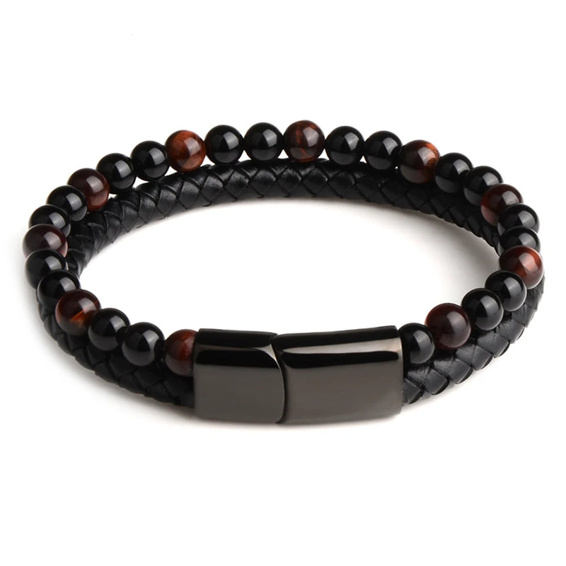Natural Stone Bracelet Genuine Leather Braided Bracelets Black Stainless Steel Magnetic Clasp Tiger eye Bead Bangle Men Jewelry