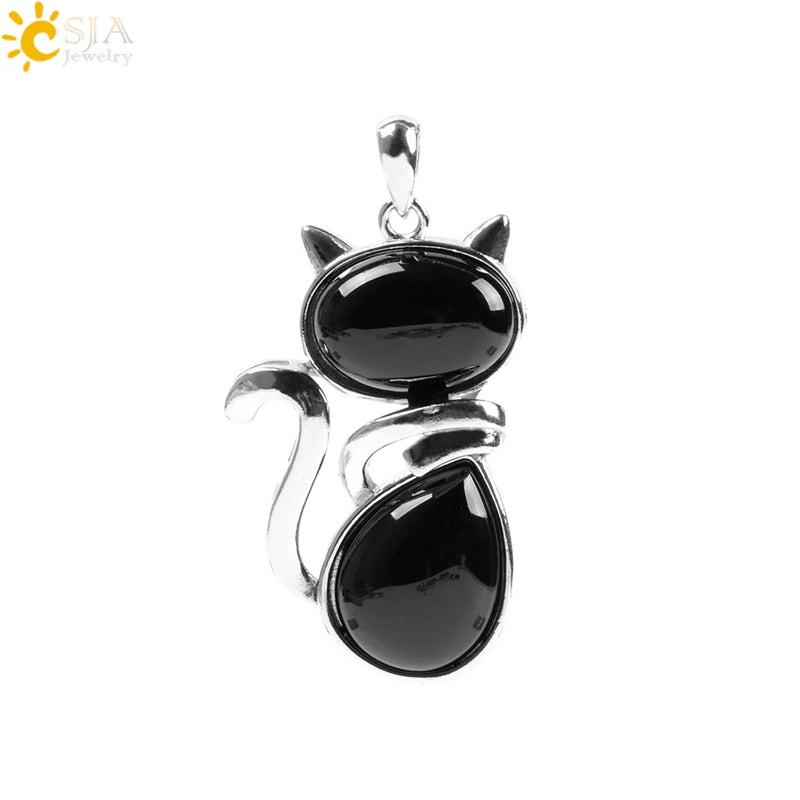 Natural Stone Pendant Cute Cat Pendants Suspension for Girl Amethyst Tiger Eye Green Aventurine Pink Crystal Cat Jewelry F072