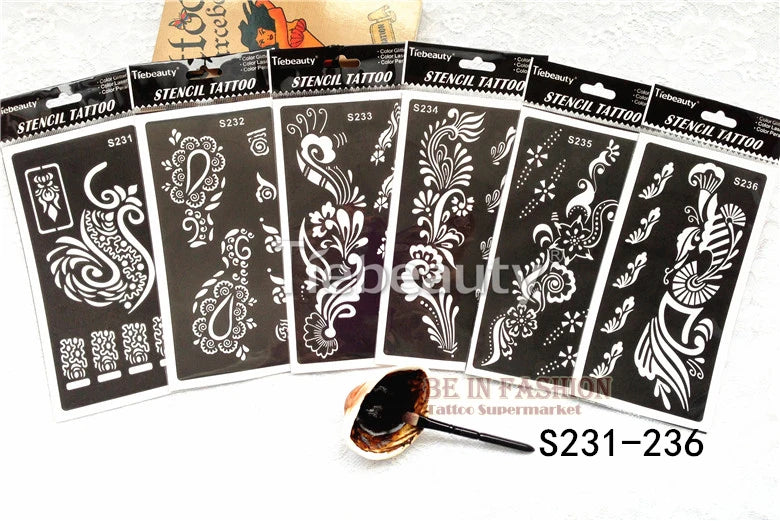 6pcs/lot  Mehndi Indian Henna Tattoo Stencil reuseable Henna Tatoo Template Professional Tattoos Stencil For hand Painting bride