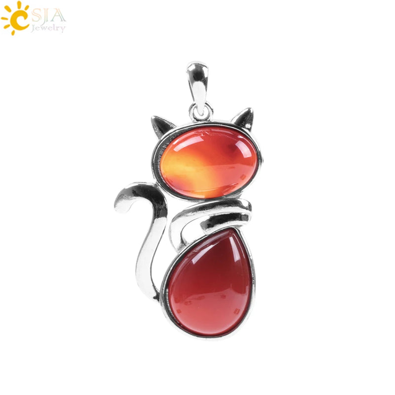 Natural Stone Pendant Cute Cat Pendants Suspension for Girl Amethyst Tiger Eye Green Aventurine Pink Crystal Cat Jewelry F072