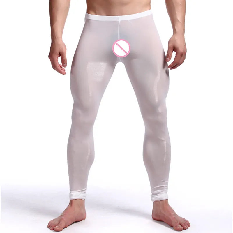 Sexy Men See-through Pants silky Tights Milk Fiber Leggings Trousers Long Johns Underwear U Convex Pocket Mens Wrestling Singlet