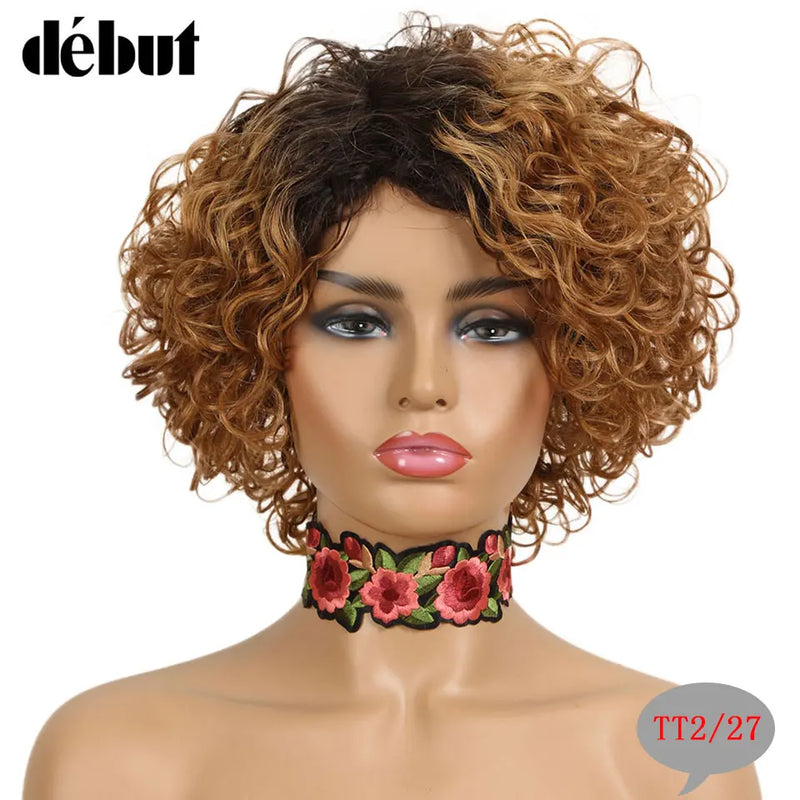 Debut Ombre Short Curly Human Hair Wigs Remy Short Bob Wigs 100% Human Hair Cheap Pixie Cut Human Hair Full Wigs For Black Women