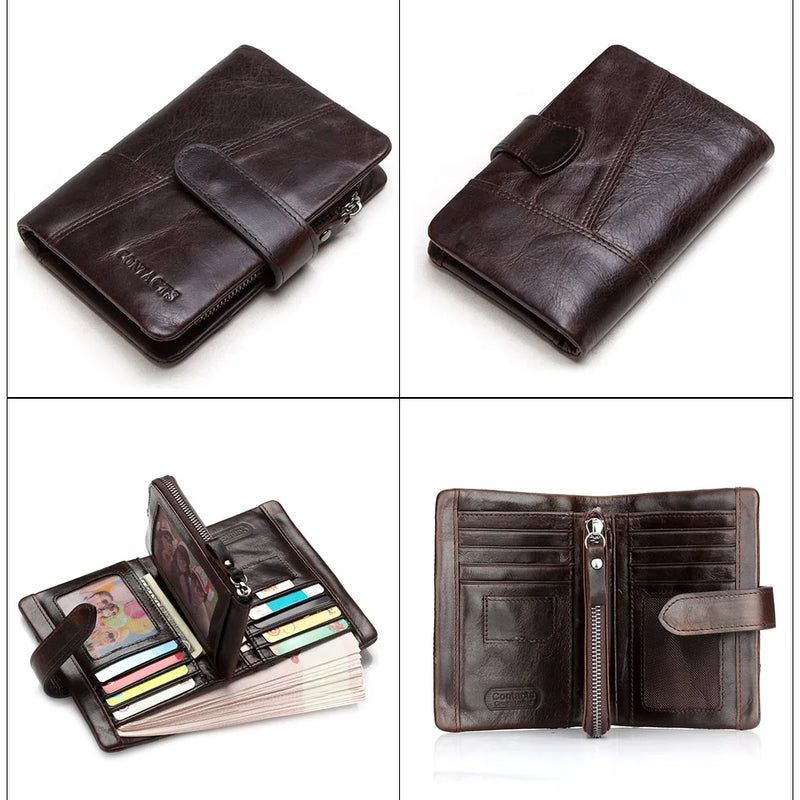 CONTACT'S Genuine Crazy Horse Cowhide Leather Men Wallets  Fashion Purse With Card Holder Vintage Long Wallet Clutch Wrist Bag