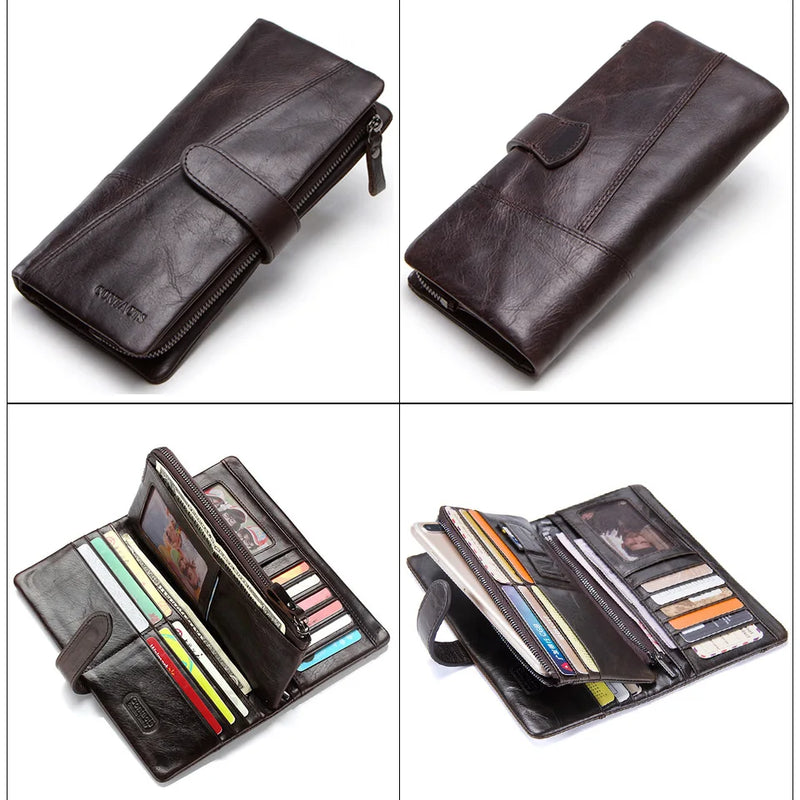 CONTACT'S Genuine Crazy Horse Cowhide Leather Men Wallets  Fashion Purse With Card Holder Vintage Long Wallet Clutch Wrist Bag
